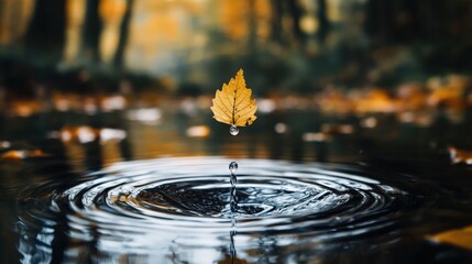Poster - A clear, healthy water drop falling from a leaf in a forest, reflecting purity.