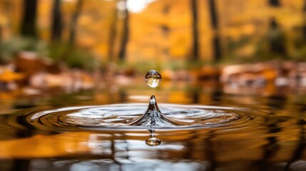 Poster - A clear, healthy water drop falling from a leaf in a forest, reflecting purity.