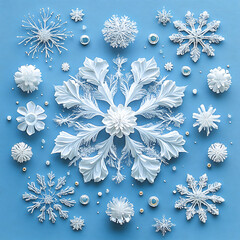 Wall Mural - beautiful winter themed collage featuring white snowflakes and decorative elements on blue background, evoking serene and festive atmosphere