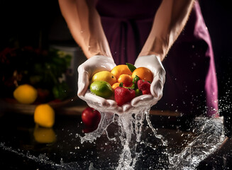 Poster - Close-up of hands gently cradling a vibrant mix of freshly washed fruits, water splashing dramatically around them.  A burst of juicy freshness.