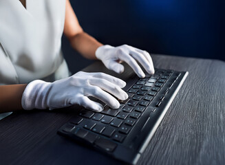 Aufkleber - Close-up of hands in white gloves typing on a black keyboard.  The image suggests digital security, precision, and careful work.