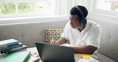 Poster - Writing, cafe and black man with headphones on laptop for online learning, studying and education. School, coffee shop and student listen to music on computer for research, assignment and university
