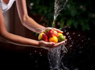 Poster - A stream of water washes over a colorful assortment of fresh fruit held in gentle hands.  The vibrant fruits glisten under the cascading water.