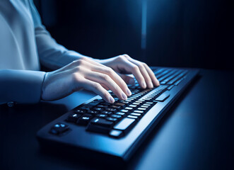 Aufkleber - Close-up of hands typing on a keyboard in a dimly lit room. The blue light illuminates the scene, highlighting the focused effort.