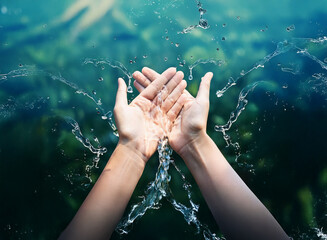 Poster - Close-up of cupped hands catching splashing water, surrounded by a vibrant, blurred natural background.  The image evokes feelings of purity, refreshment, and the preciousness of nature.