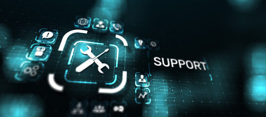 Fototapete - Support button on virtual screen. Customer service and communication concept.