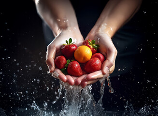 Aufkleber - Two hands gently hold a small pile of freshly washed strawberries and a single orange, water cascading from them against a dark background.