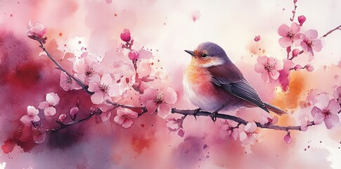 Poster - A colorful bird perched on a branch surrounded by blooming flowers in a watercolor style.