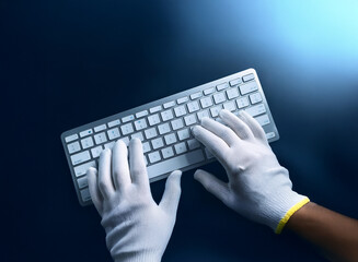 Aufkleber - Overhead view of gloved hands typing on a white wireless keyboard against a dark blue background.  The lighting highlights the hands and keyboard.