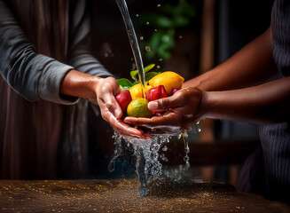 Aufkleber - Two hands gently cleanse a vibrant mix of lemons, limes, and chili peppers under a flowing stream of water. The scene is rich with color and texture, highlighting the freshness of the fruit.