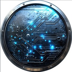 Poster - Futuristic metallic disc with glowing circuit board design.