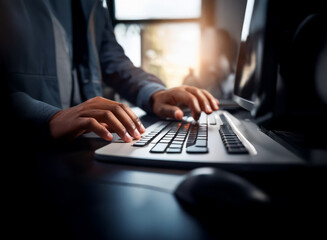 Aufkleber - Close-up of hands typing on a keyboard, illuminated by soft light.  The scene suggests focus and productivity in a dimly lit office setting.  A mouse is visible.