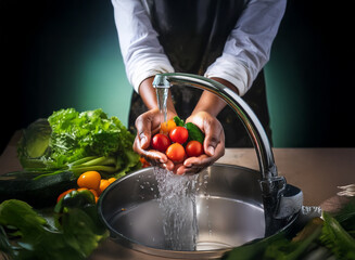 Poster - A person gently washes a handful of ripe cherry tomatoes under running water in a stainless steel sink.  Fresh vegetables surround the sink.  Healthy eating and food preparation are emphasized.