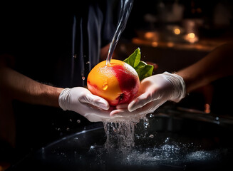 Poster - Two gloved hands gently rinse a vibrant, halved mango under a stream of water.  The scene is dark, emphasizing the fruit's juicy texture and color.
