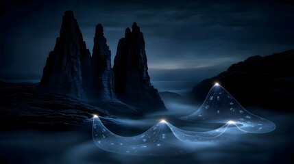 Wall Mural - Enigmatic Night Scene Coastal Cliffs Glowing Celestial Nets Mysterious Symbols