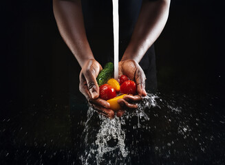 Aufkleber - Dark hands gently cleanse vibrant vegetables under a stream of water against a stark black background.  The scene evokes freshness and healthy eating.