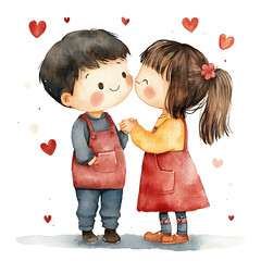 Watercolor illustration of boy and girl in red overalls, expressing love with hearts around them, capturing sweet moment together