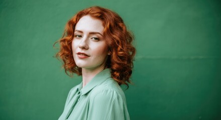 Wall Mural - Caucasian young female with red curly hair posing against green background