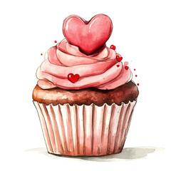 Wall Mural - watercolor cupcake with pink frosting and heart decoration, perfect for celebrations