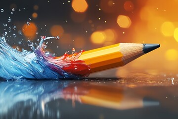 Poster - A vibrant pencil splashes through colorful water, symbolizing creativity and inspiration.