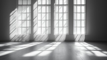 Poster - Bright light streams through multiple windows, casting intricate shadow patterns across a soft gray floor, enhancing a serene atmosphere