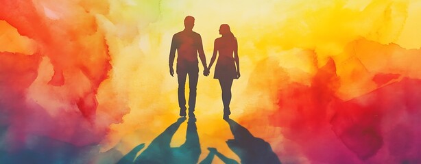 Wall Mural - Double Exposure Inspirational, Romantic Couple Holding Hands in Colorful Shadows