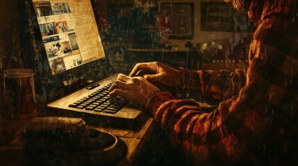 Poster - nightly digital exploration: a person using a laptop in a dimly lit room