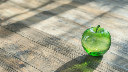 Poster - Beautifully Crafted Glass Apple Resting on Rustic Wooden Surface with Shadows