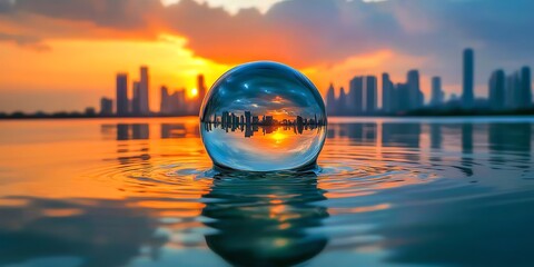 Poster - A crystal ball reflecting a sunset over a city skyline, creating a surreal visual effect.