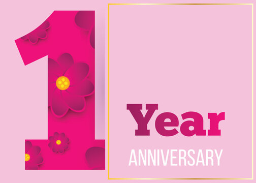 One Year Anniversary Poster Card with Flowers in Pink. Celebration of an important date vector art