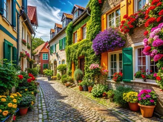 Wall Mural - Vibrant Cobblestone Street with Colorful Houses and Abundant Flowering Plants Capturing the Charm of a Picturesque Neighborhood in Documentary Photography Style