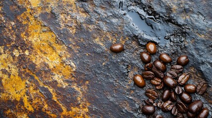 Wall Mural - Glossy Coffee Beans on Weathered Metal Surface