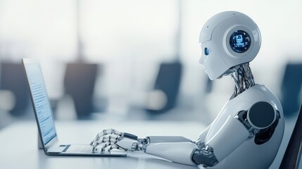 Poster - Futuristic Robot Working on a Laptop in a Modern Office Environment, Representing the Integration of Technology and Artificial Intelligence in Daily Tasks