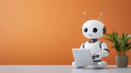 Poster - Friendly robot working on a laptop in a modern workspace against a vibrant orange wall, showcasing technology, innovation, and creativity in a playful atmosphere
