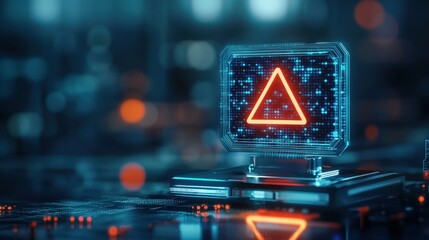 Aufkleber - Futuristic Warning Sign on Computer Monitor with Neon Glow in High-Tech Digital Environment Featuring Bright Red Triangle and Abstract Data Patterns