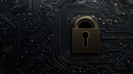 Poster - Intricate Black Circuit Board Design Featuring a Golden Padlock Symbolizing Digital Security and Protection Against Cyber Threats in a Modern Context