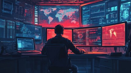 Poster - Futuristic Cybersecurity Analyst Working Late at Night Surrounded by Multiple High-Tech Monitors Displaying Global Data and Graphs