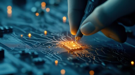 Poster - Close-Up of a Hand Holding a Pen Working on a Computer Circuit Board with Illuminated Microchip and Electronic Components in a Dark Environment