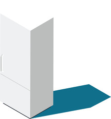Poster - Modern white refrigerator casting a distinct shadow on a blue floor, presented in an isometric view, symbolizing kitchen appliances and modern home interiors