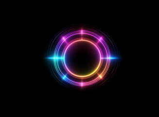 Aufkleber - Vibrant, multicolored neon rings create a luminous circular design on a black background.  The concentric circles glow with rainbow hues, producing a futuristic, energy-filled effect.