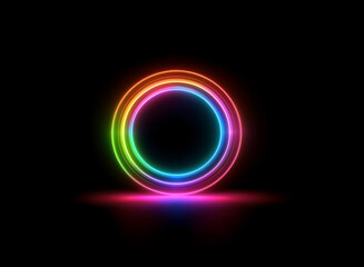 Aufkleber - Vibrant rainbow neon circles glow brightly against a stark black background.  A subtle reflection illuminates the base.