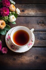 Wall Mural - Close-up of a tea cup with flowers on the wooden table, rustic dark background with copy space, elegant tea setting concept.