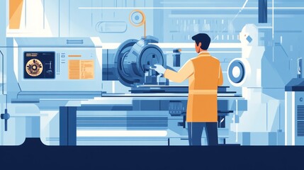 Poster - Advanced Manufacturing: A Technician Overseeing High-Tech Machinery in a Modern Factory Setting