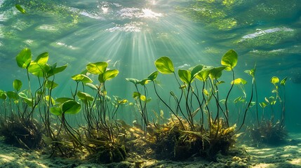 Wall Mural - Close-up of vibrant green aquatic plants with delicate floating leaves and submerged roots in a clear freshwater lake