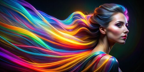 Aufkleber - Vibrant Streams of Colorful Light Dancing on a Black Background, Creating an Ethereal and Dreamlike Atmosphere for Portrait Photography and Artistic Visuals