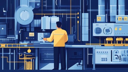 Poster - Industrial Worker Monitoring Complex Machinery in a Futuristic Factory