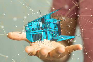 Poster - home iot - Neural network 3D illustration. Big data and cybersecurity
