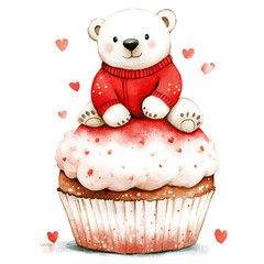 Wall Mural - cute polar bear sits atop festive cupcake, surrounded by hearts, perfect for Valentine Day