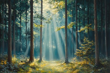 Poster - A serene forest scene with sunlight filtering through trees, creating a tranquil atmosphere.