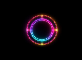 Poster - vibrant, multicolored neon circles glow against a dark background. the inner circle is framed by two